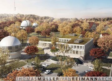 Renderbild der Planung als Vogelperspektive. Blick von schräg oben über das Institutsgelände mit den Kuppeln der Teleskope und dem neuen Institutsgebäude.